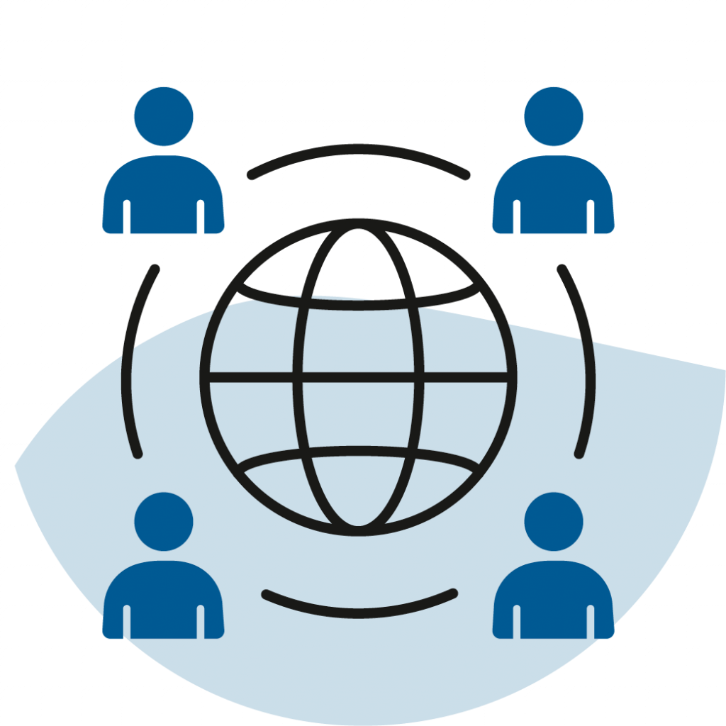 Icon mit Weltkugel und Personen als Symbol f&uuml;r globalen Wissensaustausch und internationale Zusammenarbeit.