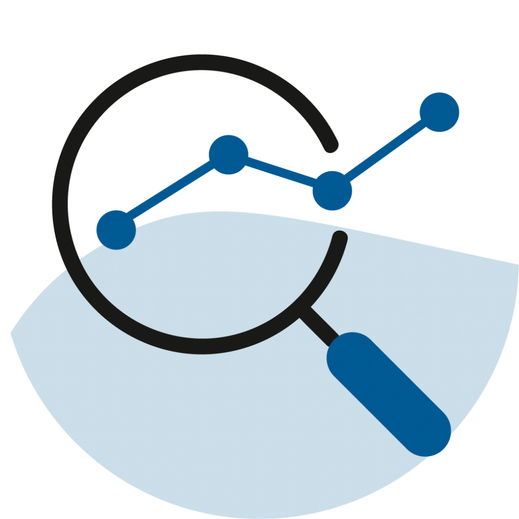 Icon mit Lupe und ansteigendem Liniendiagramm als Symbol f&uuml;r Analyse, Monitoring und Datenauswertung.