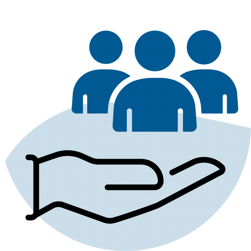 Icon mit einer offenen Hand, die eine Gruppe von Menschen tr&auml;gt, als Symbol f&uuml;r soziale Unterst&uuml;tzung und gemeinschaftliches Engagement.