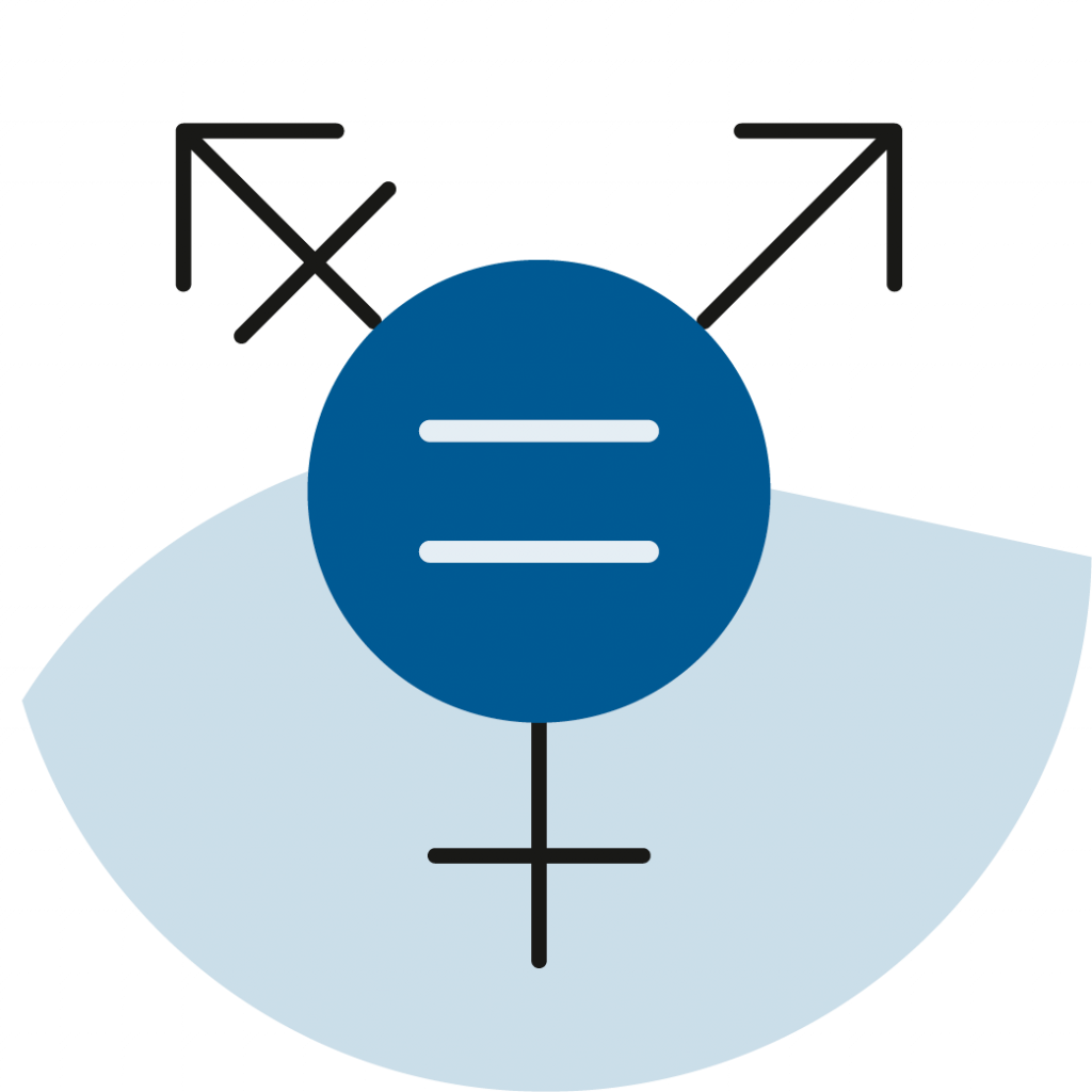 Icon mit Geschlechtersymbolen und einem zentralen Symbol f&uuml;r Geschlechtergleichstellung in Blau.