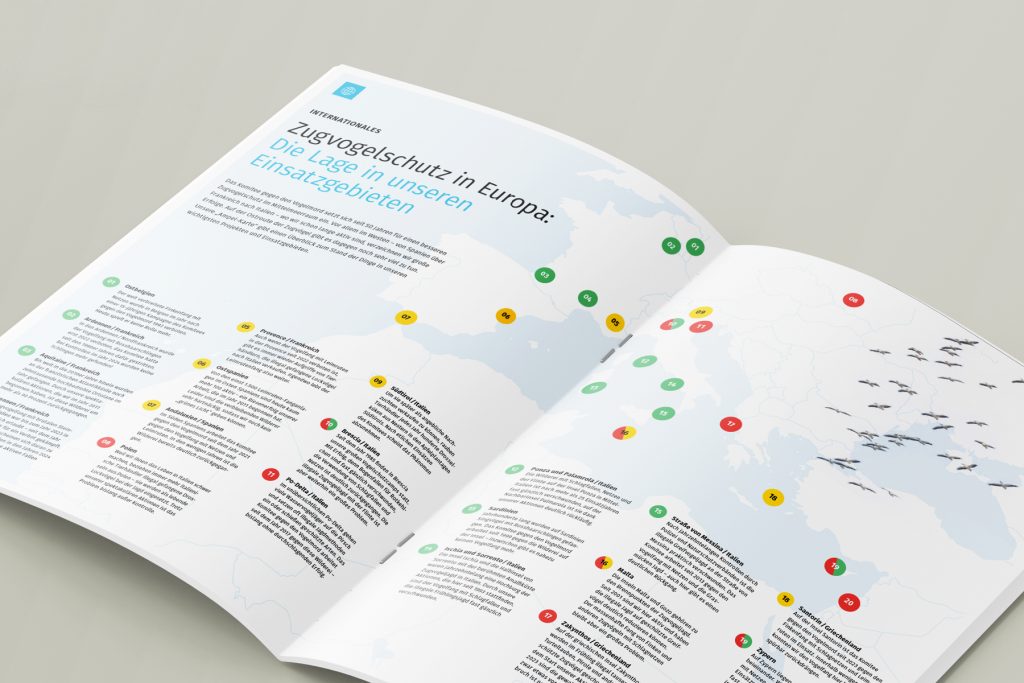 Informationsdesign einer Brosch&uuml;rendoppelseite mit Europakarte, visualisierten Projektstandorten und redaktionell aufbereiteten Informationen.